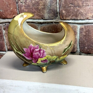 Antique‎ Hand Painted Nippon Porcelain Vase Crescent Moriage Lotus Gold Accents